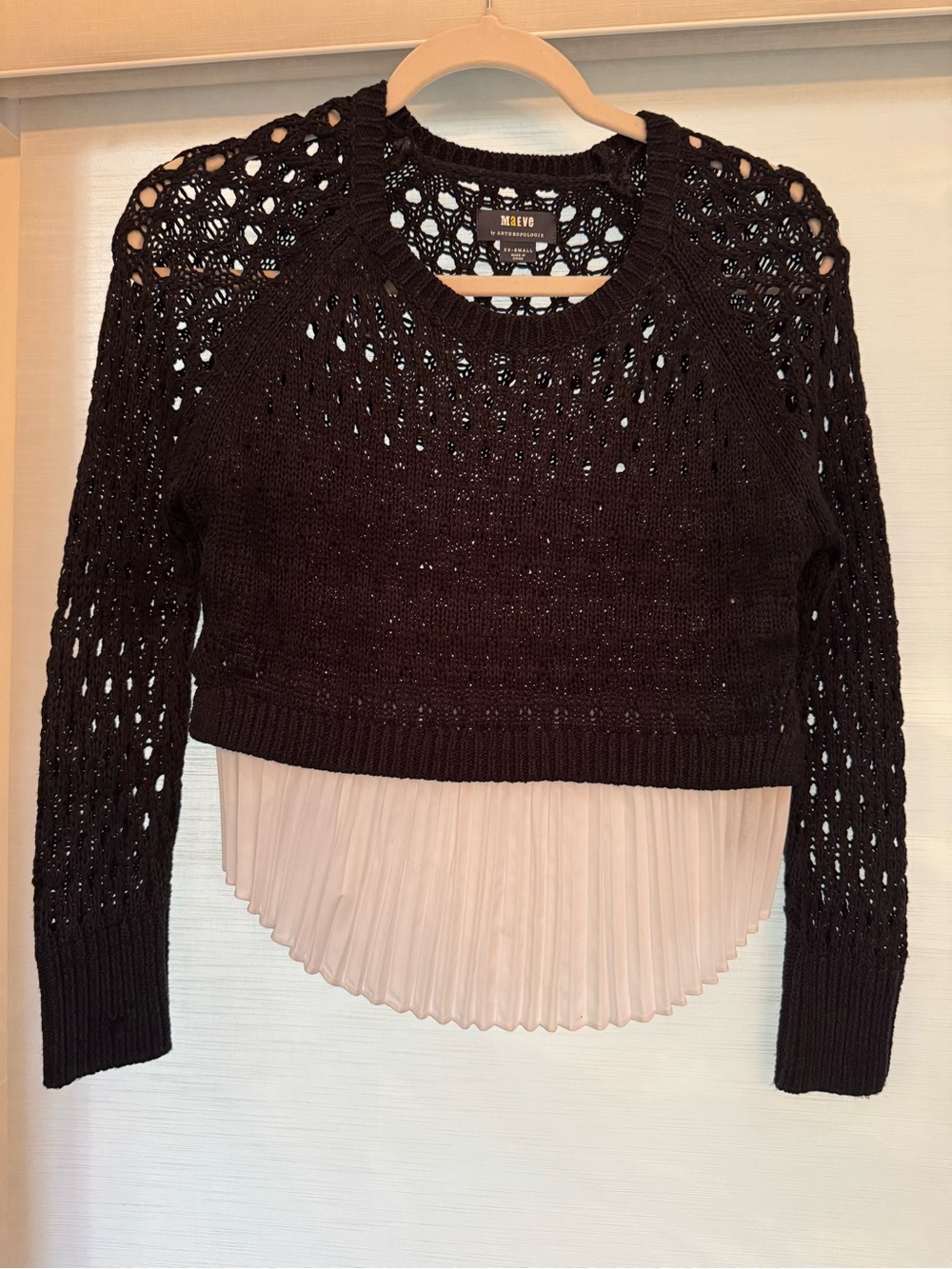 Anthropologie Maeve Black Openwork Cropped Sweater with White Pleated Hem NWOT